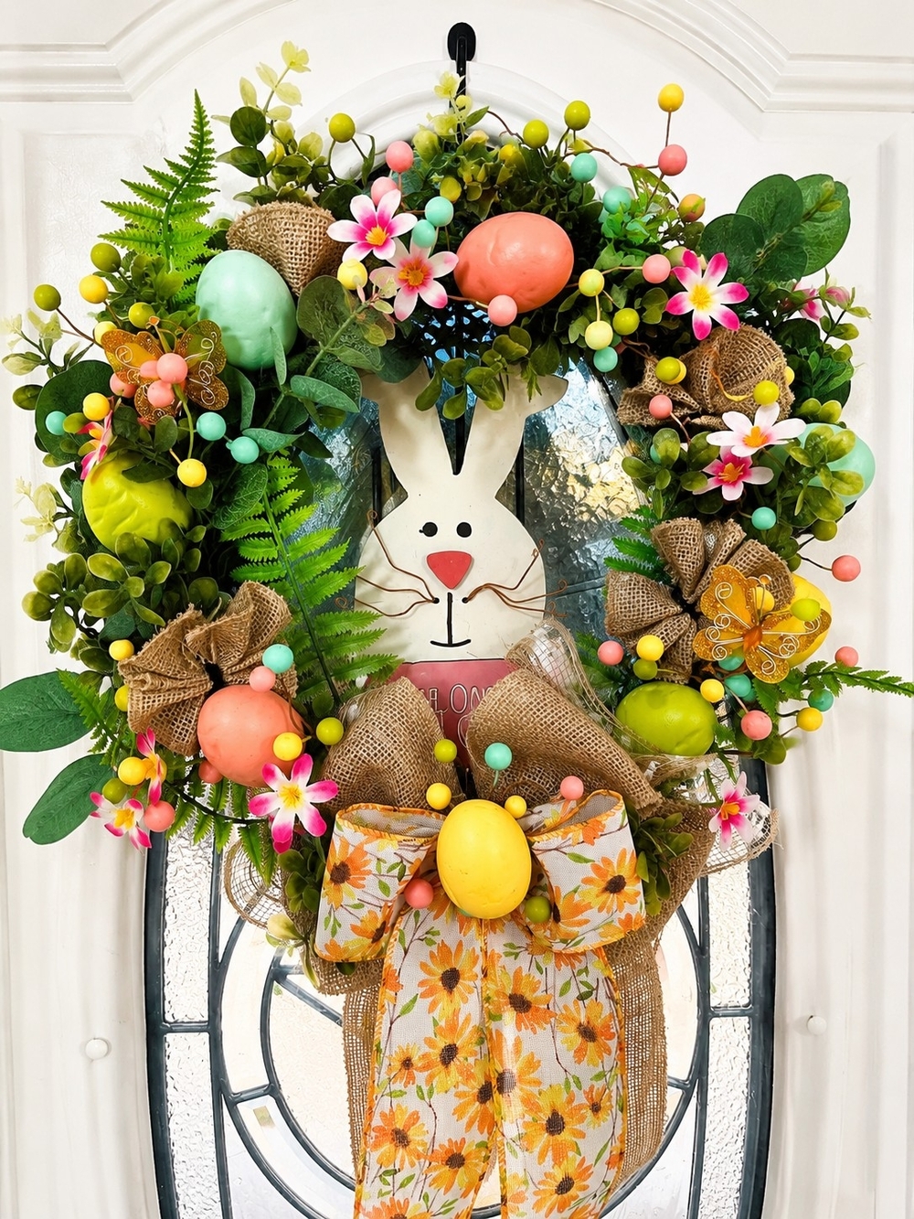 Spring Bunny Easter Wreath with Pastel Eggs - Home Holiday Decor